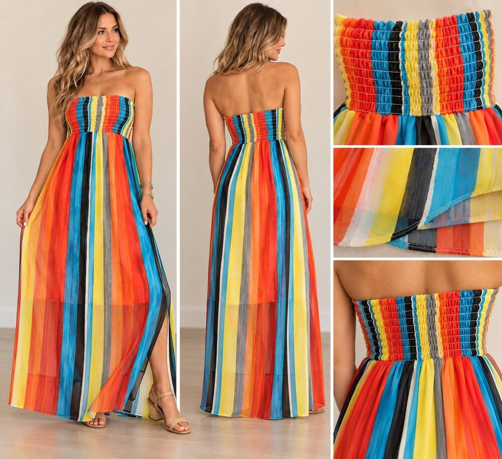 Traciel Women’s M Multicolor Striped Strapless Smocked Maxi Dress Made USA M